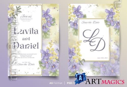 PSD watercolor wedding invitation template with blue and yellow flower