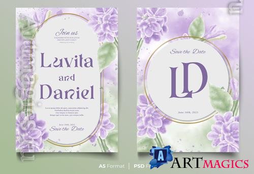 PSD watercolor wedding invitation template with purple and green flower