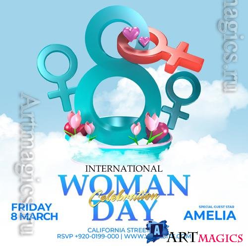 PSD happy women day celebration flyer with flowers and hearts 