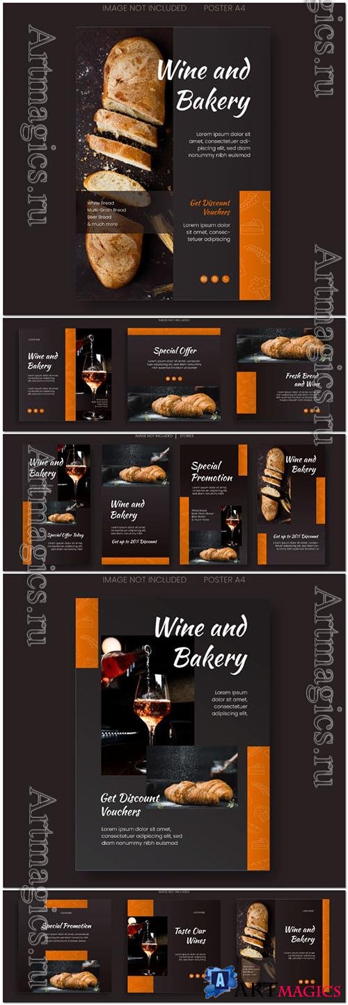 Bakery and wine social media design template stories psd design
 set