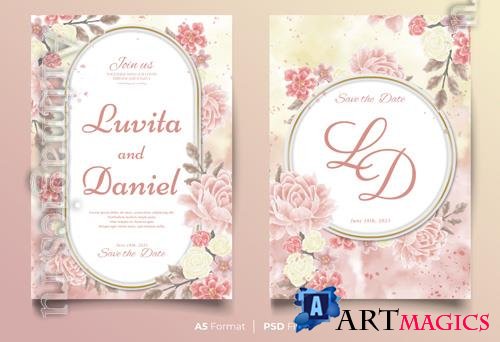 Wedding psd invitation floral design card with pink roses
