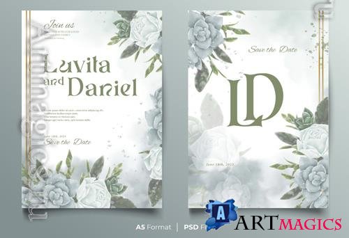 Wedding psd invitation floral design card with white and gray roses