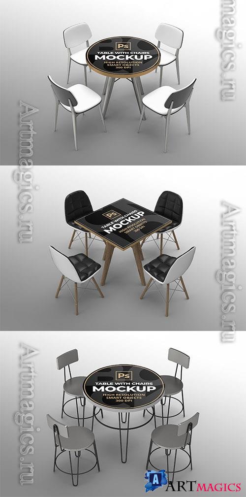 Round and square table with chairs mockup design template psd