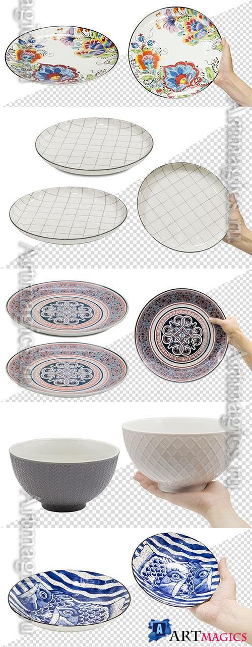 Empty ceramic plate in hand design template psd