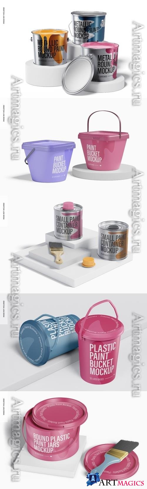 Metallic round paint buckets psd template mockup, opened and closed design