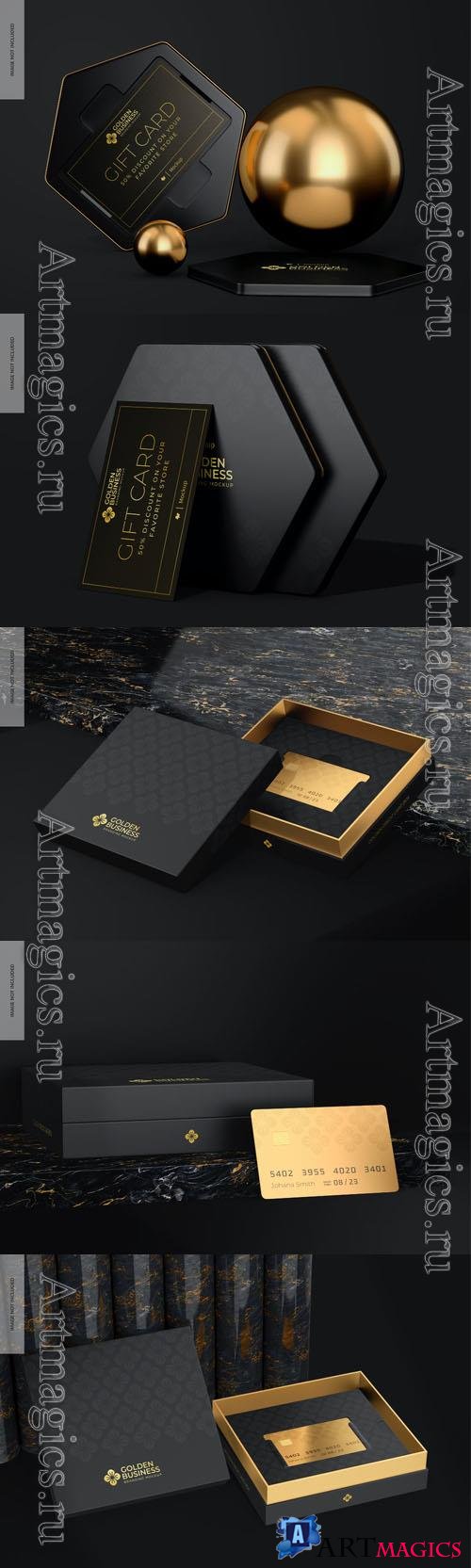 Golden credit card box psd template mockup design