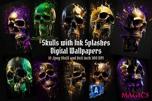 Skull with Ink Splashes Digital Wallpapers, Wall Art  - 2473026