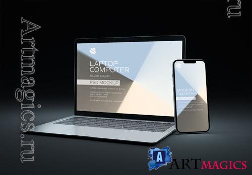 Mobile phone and laptop devices on dark mockup 