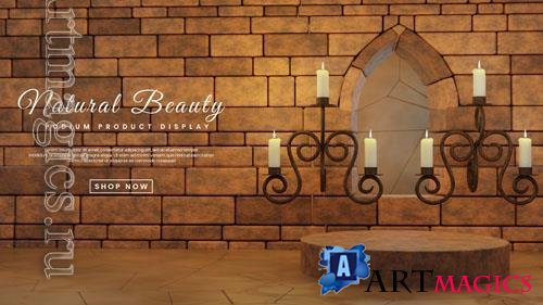 PSD brick wall castle podium with candle for product presentation
