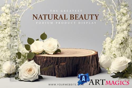 Elegant and natural wooden psd podium with roses stage display mockup
