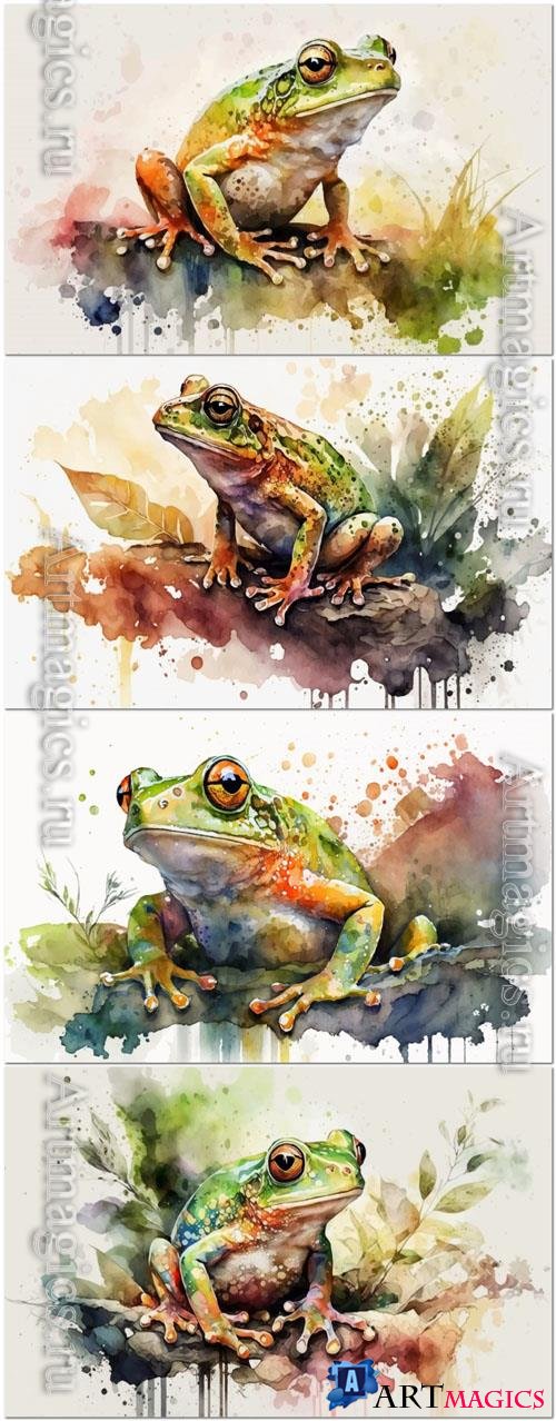 Watercolor vector illustrations of frogs in their natural habitat 