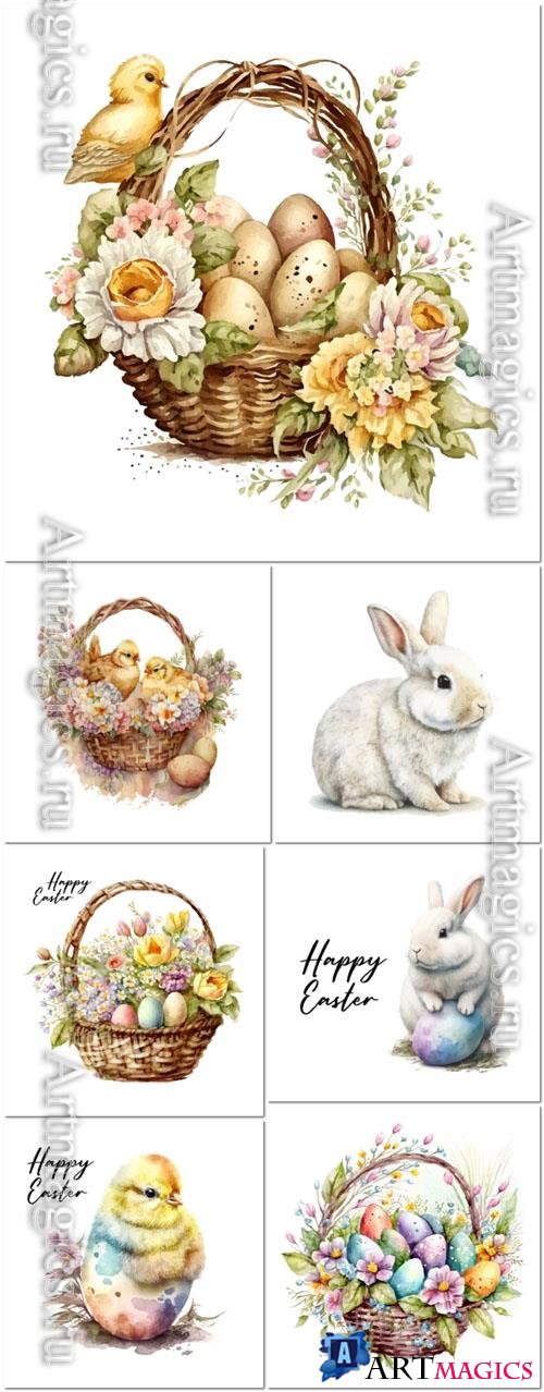 Vector happy easter, easter eggs in a basket of flowers chick greeting card poster 