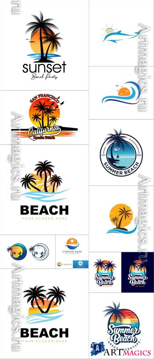 Summer logos vector with beach sunset view design 
