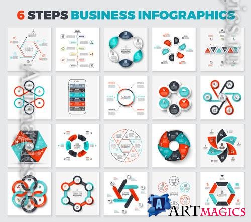 Collection of vector arrows, hexagons, circles and other elements for infographic with 6 steps