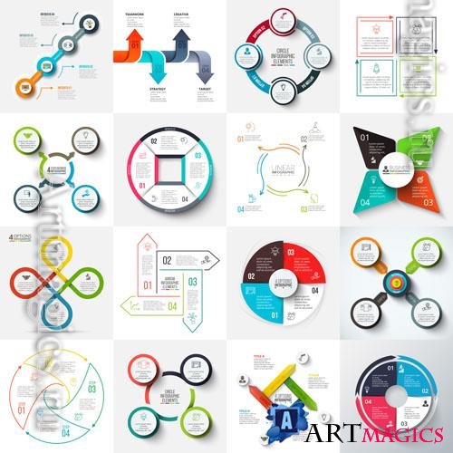 Vector big set of arrows squares circles and cycle elements infographic templates with 4 options