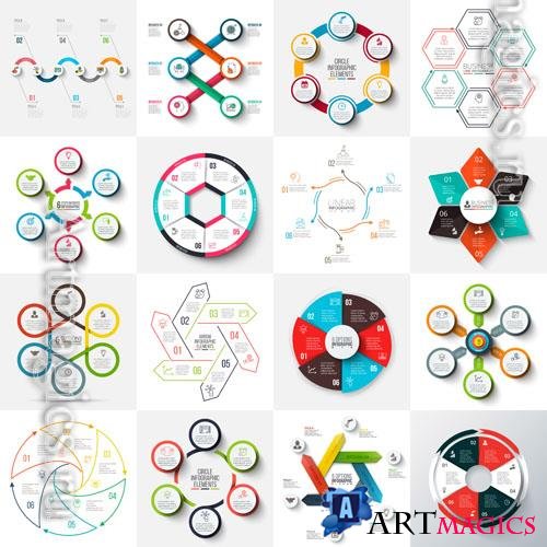 Arrows hexagons circles set and cycle elements infographic templates with 6 options