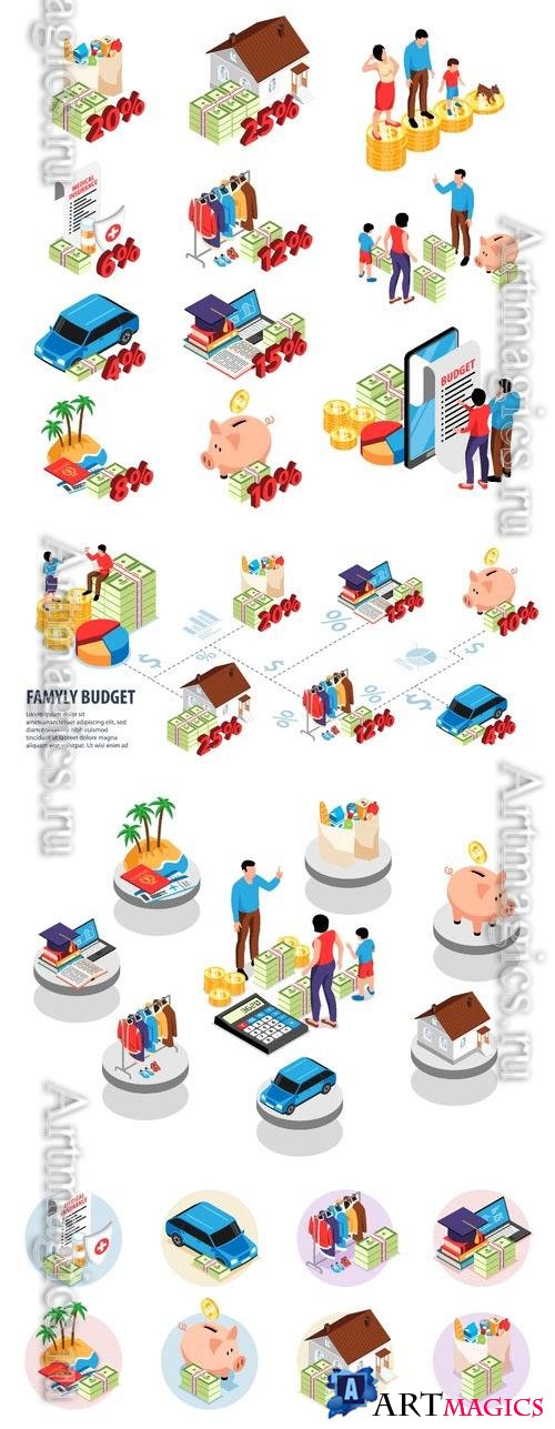 Vector isometric family budget icons set with financial symbols