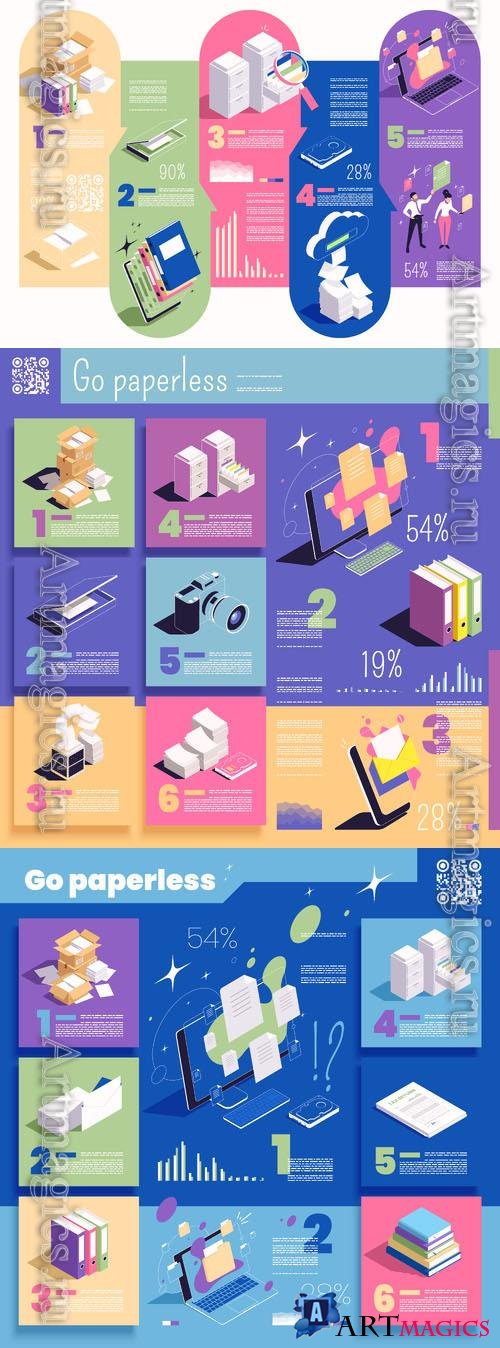 Vector go paperless concept isometric infographics with paper documents