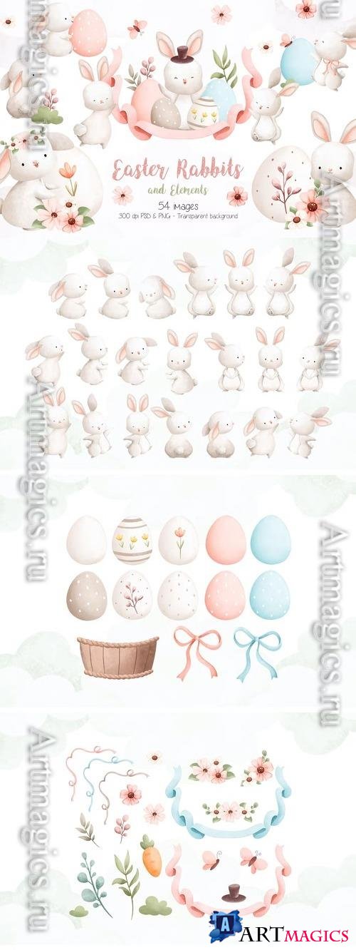 Easter Rabbits and Elements Clipart Beautiful Design