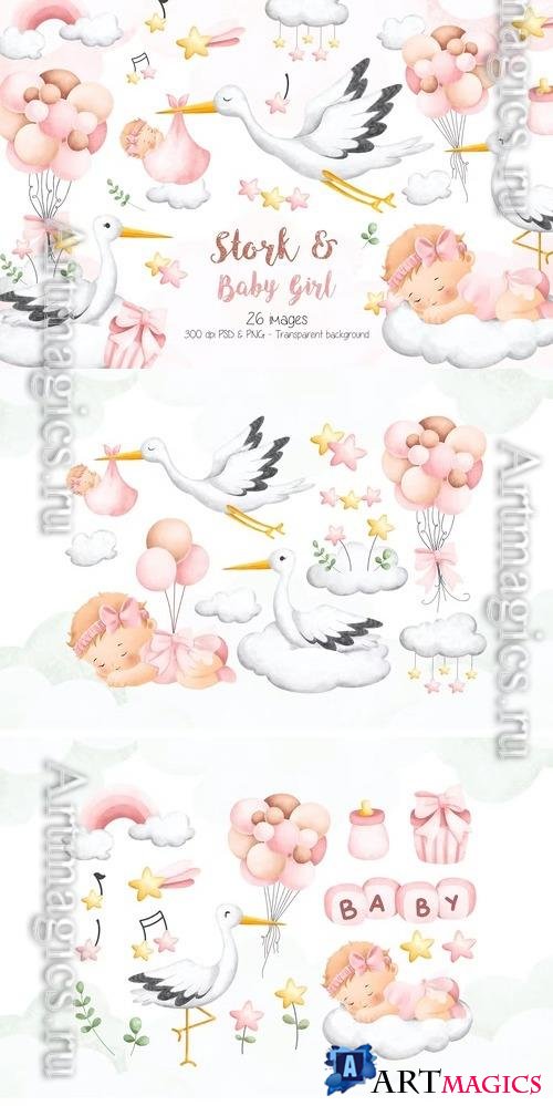 Stork and Baby Girl Clipart