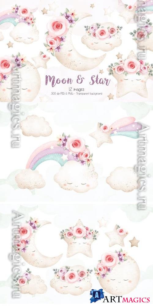 Vintage Moon Star and Cloud Clipart Design 