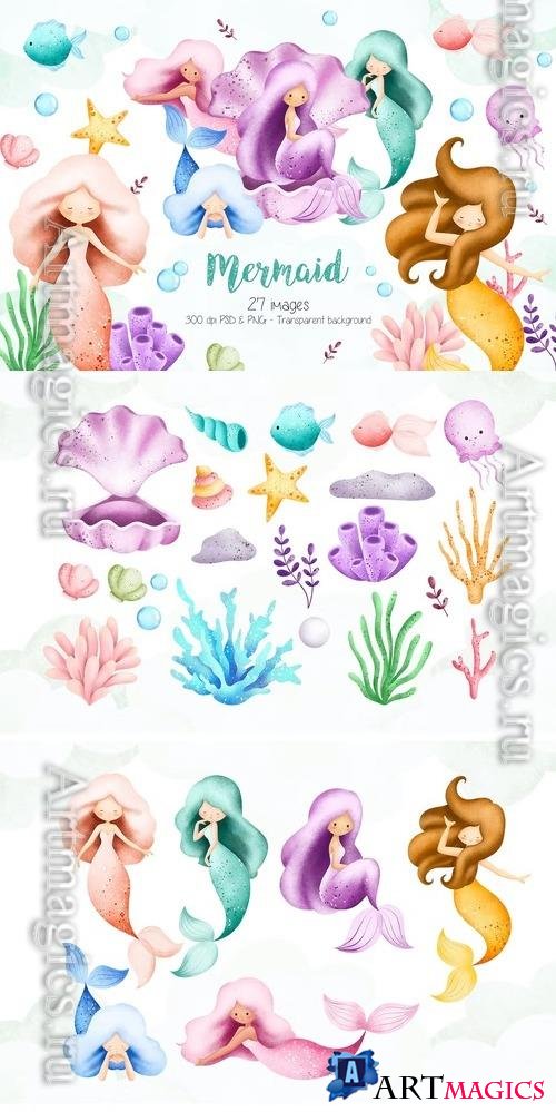 Mermaid and Sea Creature Clipart Design 