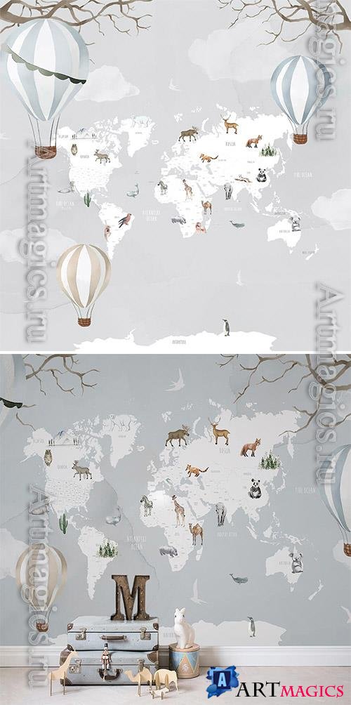 World map with animals - Wallpaper for interior design