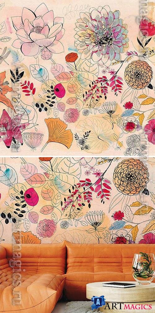 Watercolor Flowers - Wallpaper for interior design