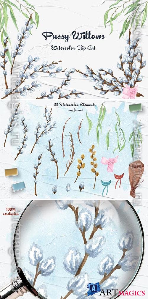Pussy willow Watercolor clipart design 