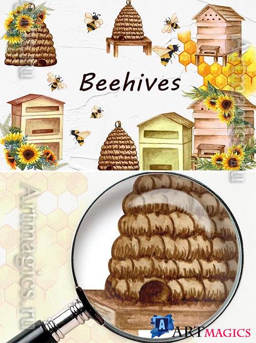 Beehive Watercolor Clipart Design 