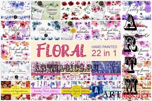 Watercolor Floral Patterns and Clipart - 22 Premium Graphics