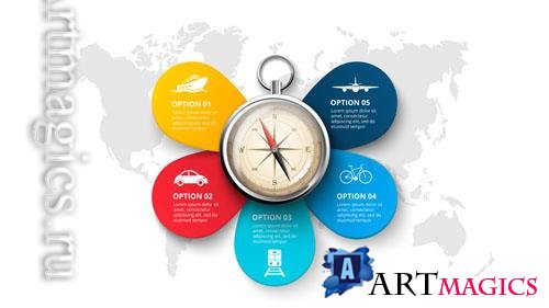 PSD travel infographic with a compass on the map template for cycle diagram with 5 options