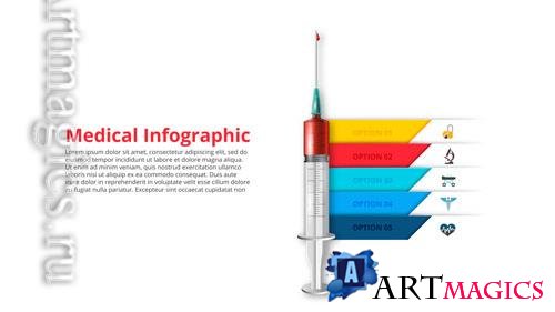PSD syringe with a drop of blood medical and healthcare template for infographic with 5 steps