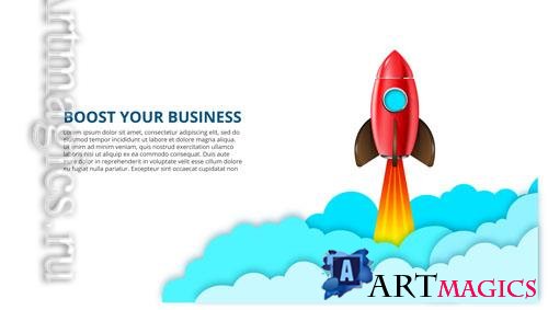 PSD startup infographic with red rocket and clouds boost your business illustration