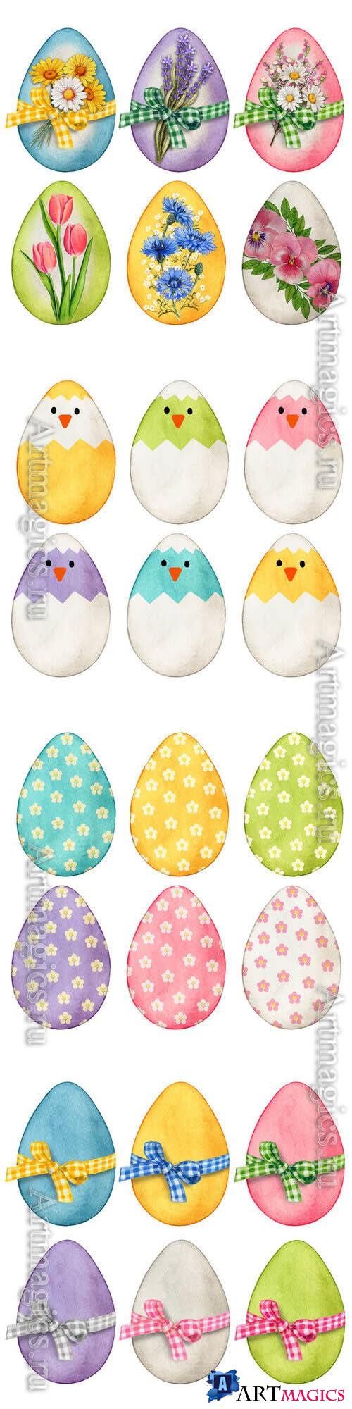 Pastel easter eggs decorations - Watercolor vector illustration