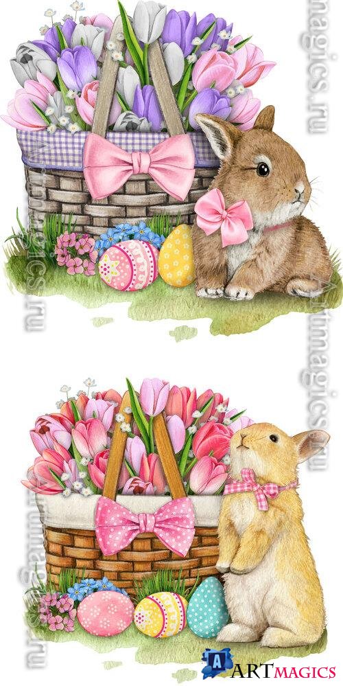 Hand drawn easter bunny with tulip basket - Watercolor vector illustration