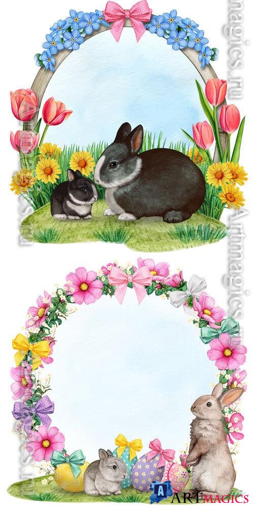 Floral easter wreath with bunnies and eggs - Watercolor vector illustration