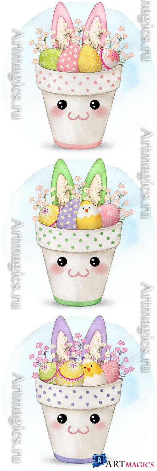 Cute bunny pot full of decorated eggs - Watercolor vector illustration