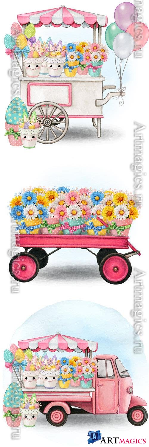 Easter floral market truck - Watercolor vector illustration
