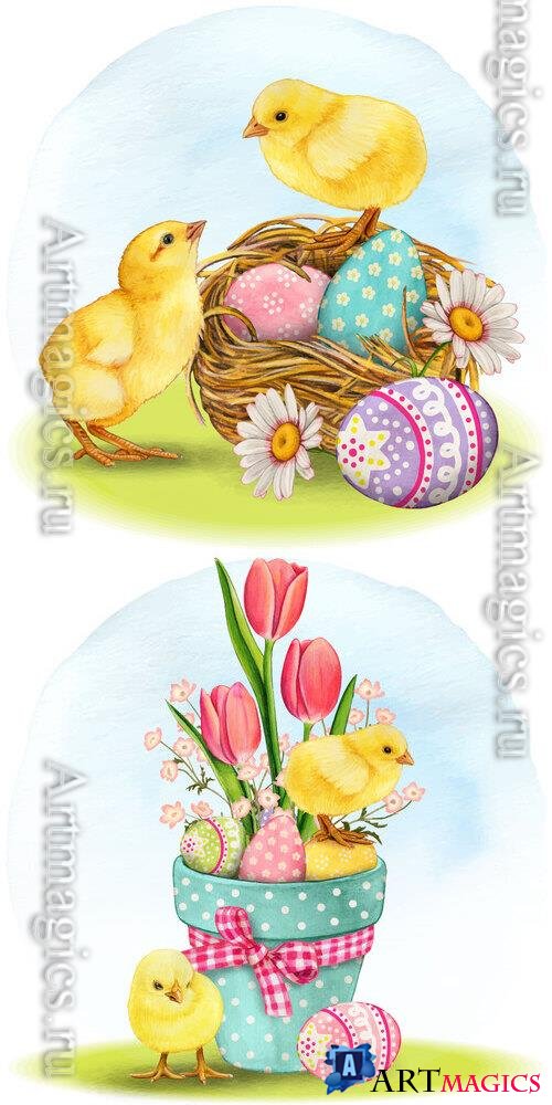 Cute chicken non nest with easter eggs - Watercolor vector illustration