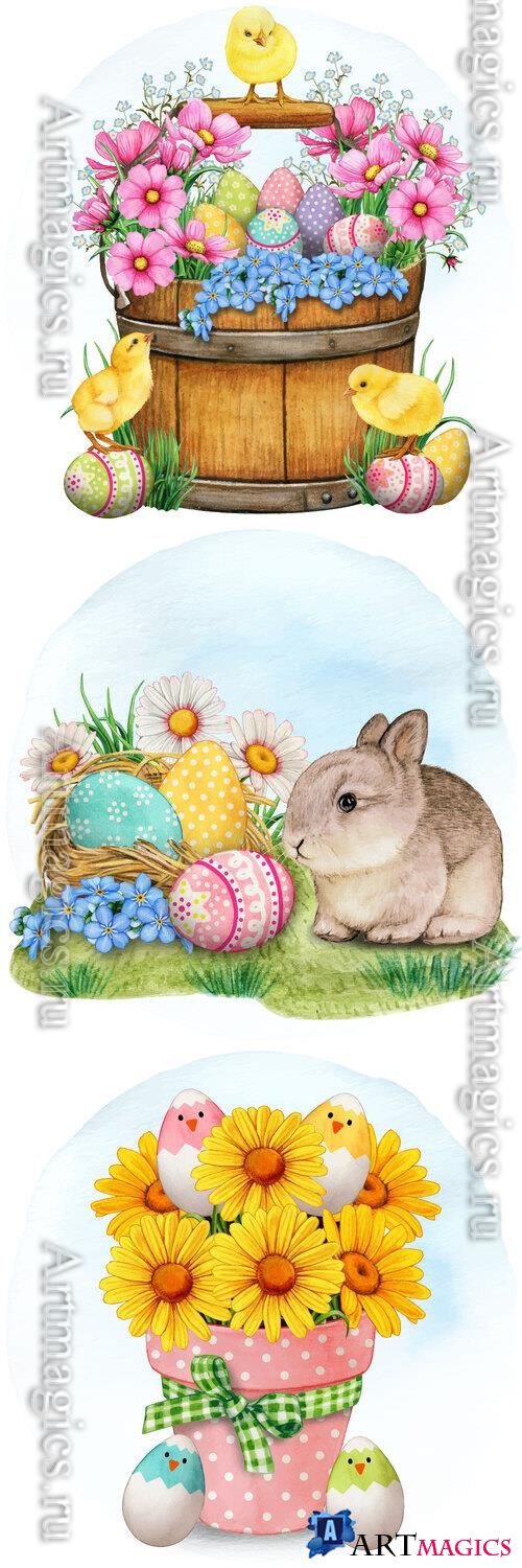 Cute baby rabbit with chickens and eggs - Watercolor vector illustration