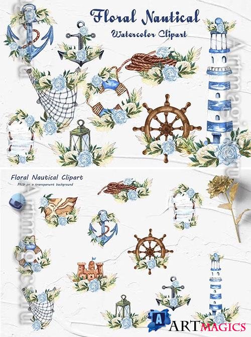Watercolor png clipart - Floral Nautical