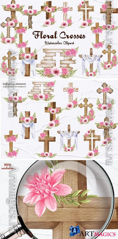 Watercolor png clipart - Floral Crosses