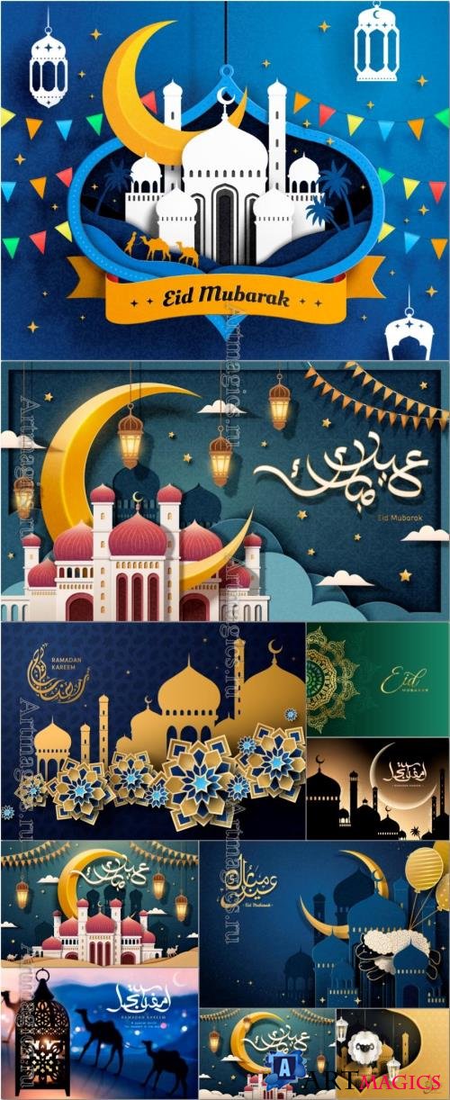 Ramadan, Eid mubarak vector poster design with arabic calligraphy 
