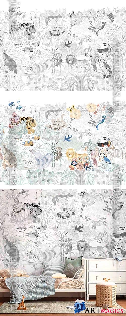 Animals and birds, Garden of Eden - Wallpaper for interior