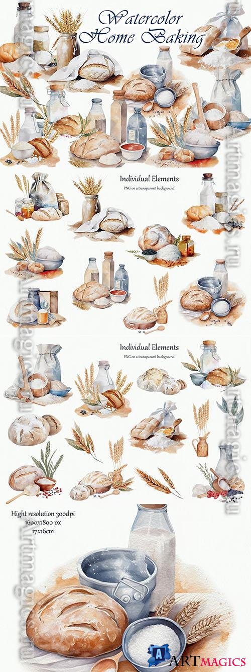 Watercolor clipart with aking, bread 