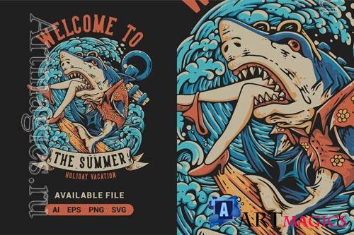 Welcome To The Summer Holiday With Shark Vector