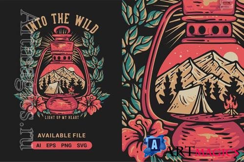 Into The Wild With Lantern Vector Illustration