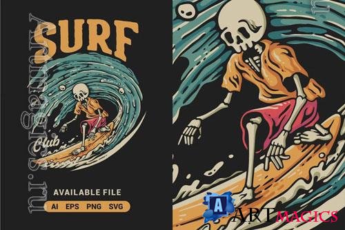 Surf Club With Skeleton Vector Illustration