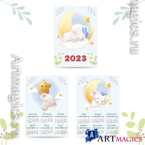 Vector cute calendar 2023 with elephant calf